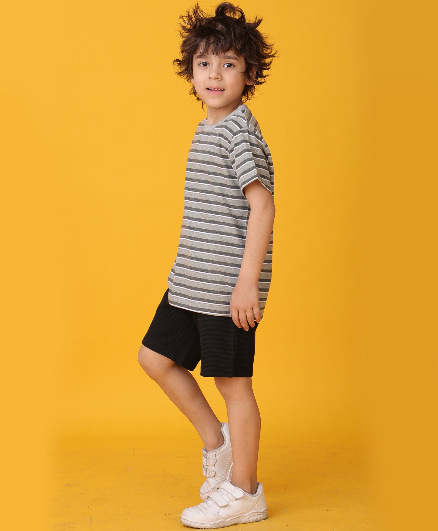 GREY MELANGE STRIPED BLACK SHORTS SET - GREY/BLACK