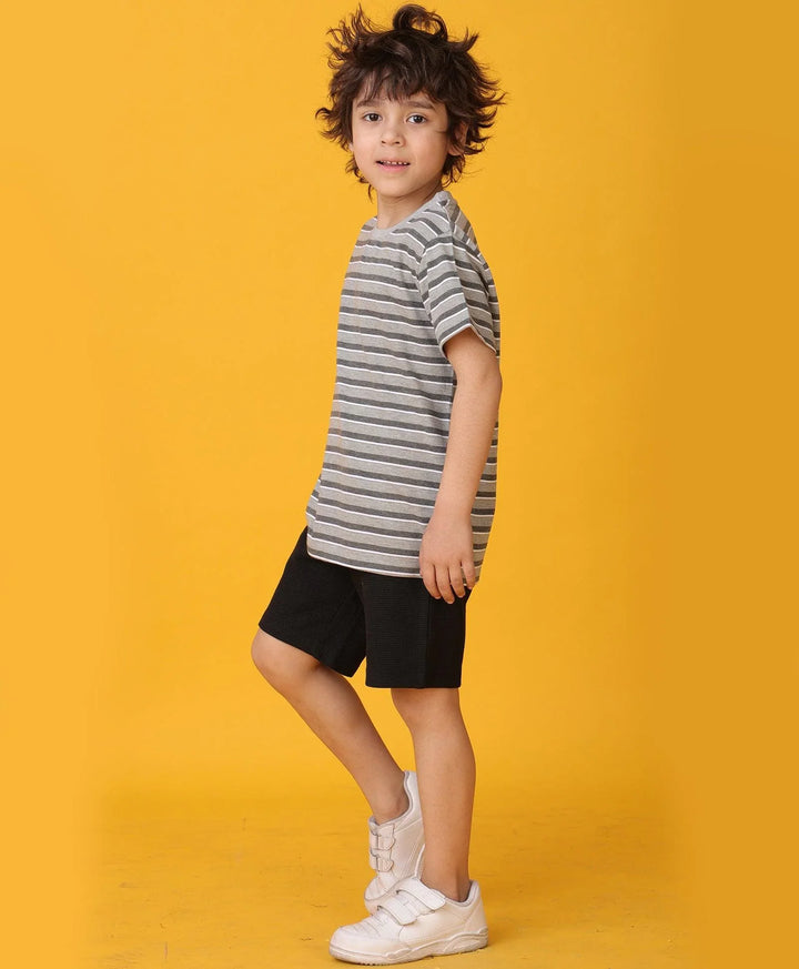 GREY MELANGE STRIPED BLACK SHORTS SET - GREY/BLACK - Anthrilo 