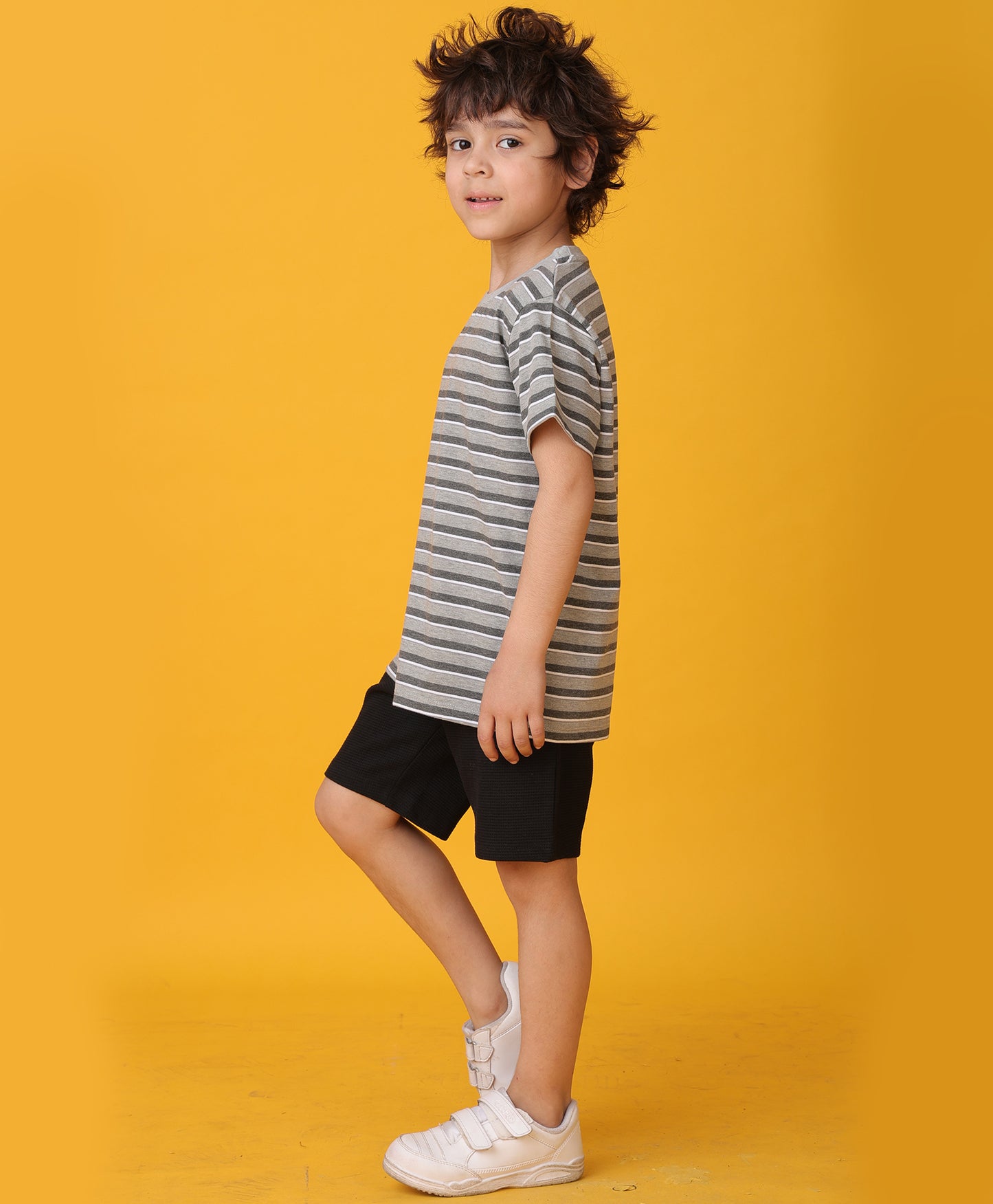 GREY MELANGE STRIPED BLACK SHORTS SET - GREY/BLACK