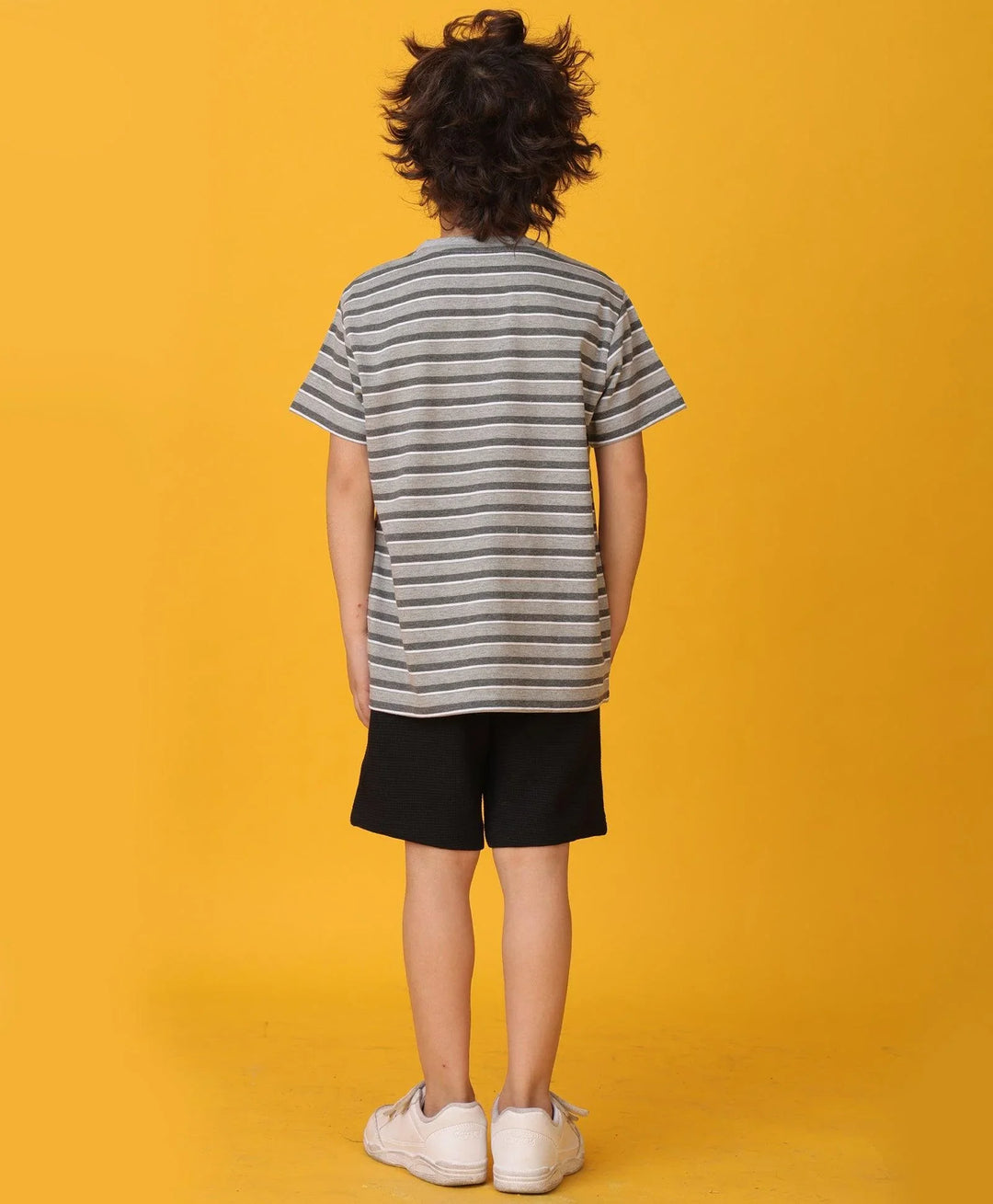 GREY MELANGE STRIPED BLACK SHORTS SET - GREY/BLACK - Anthrilo 