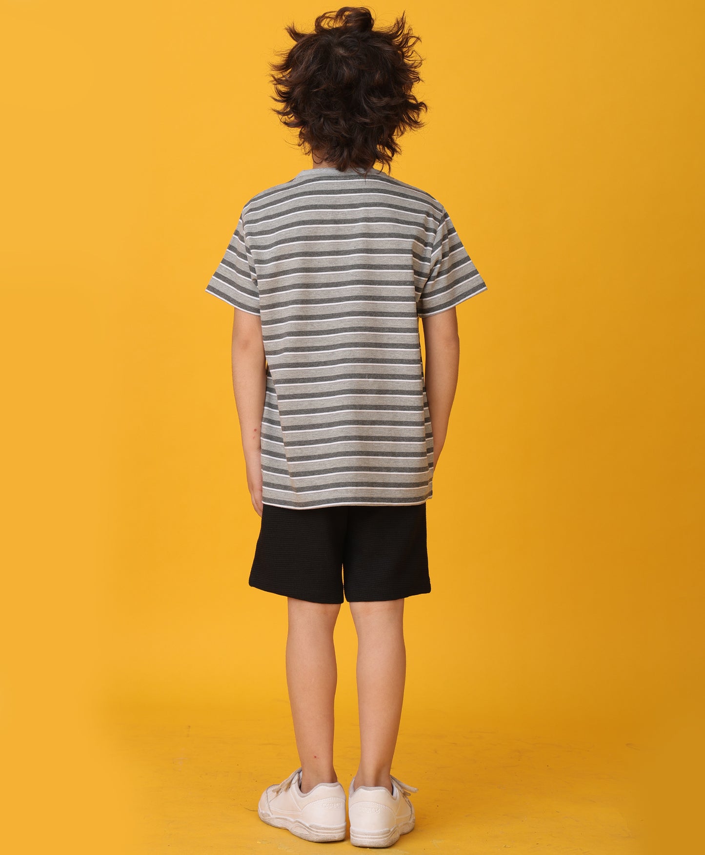 GREY MELANGE STRIPED BLACK SHORTS SET - GREY/BLACK