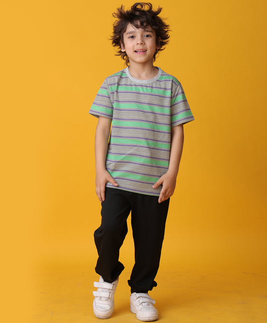 GREEN GREY STRIPED TSHIRT SUMMER BLACK JOGGER SET  - GREY/BLACK
