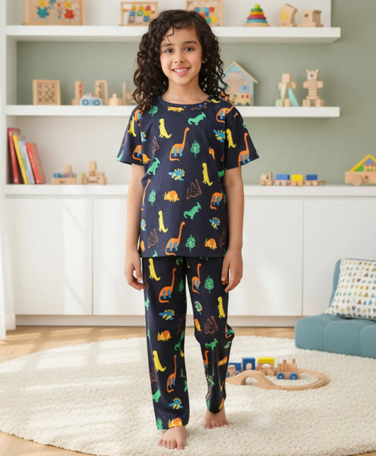 DINOSAUR FUN NAVY GIRLS SHORT SLEEVE PYJAMA SET - NAVY