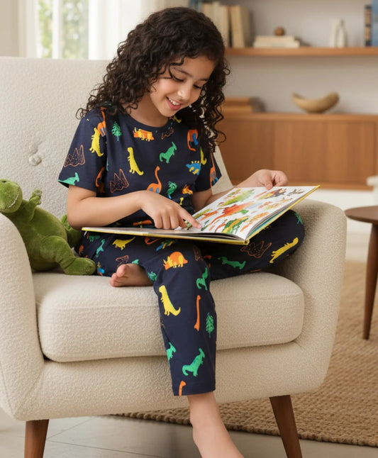 DINOSAUR FUN NAVY GIRLS SHORT SLEEVE PYJAMA SET - NAVY