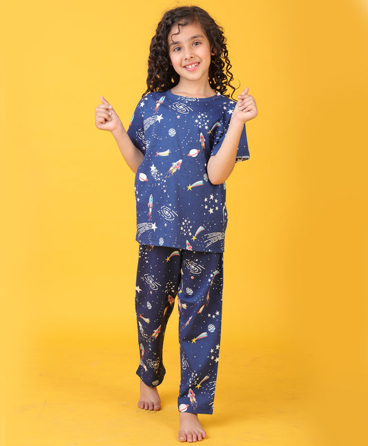 SOLAR DREAMS GIRLS SHORT SLEEVE PYJAMA SET - NAVY