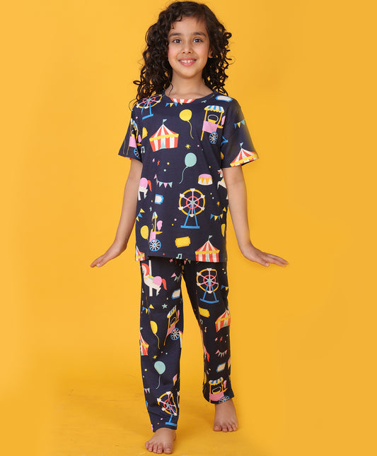 CARNIVAL CIRCUS GIRLS SHORT SLEEVE PYJAMA SET - NAVY