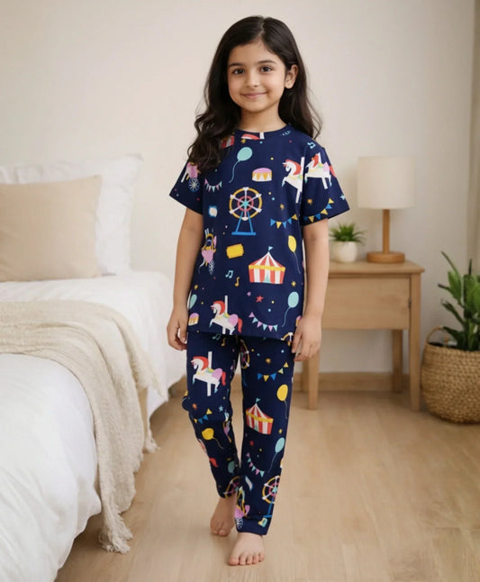 CARNIVAL CIRCUS GIRLS SHORT SLEEVE PYJAMA SET - NAVY