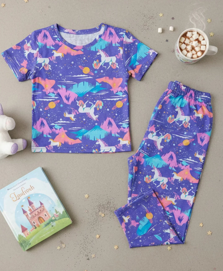Unicorn Planet Short Sleeve Pyjama Set - Purple