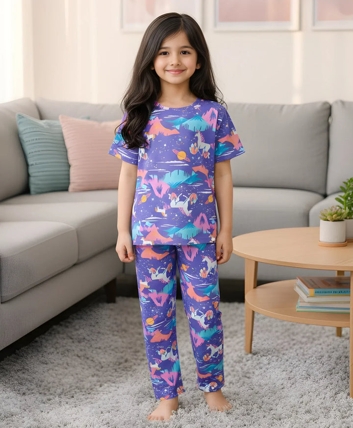 Unicorn Planet Short Sleeve Pyjama Set - Purple