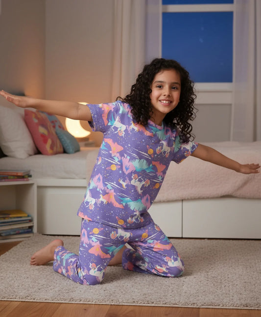 UNICORN PLANET SHORT SLEEVE PYJAMA SET - PURPLE