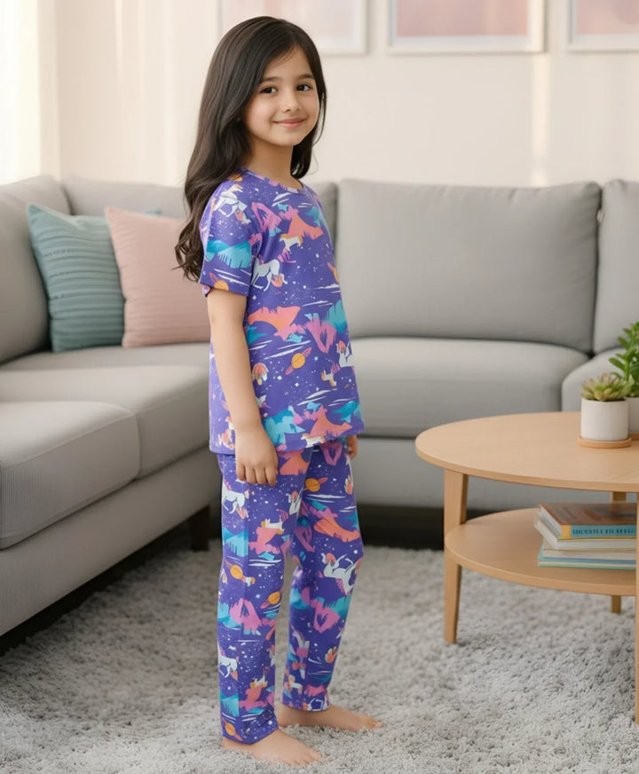 Unicorn Planet Short Sleeve Pyjama Set - Purple