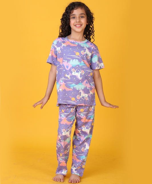 UNICORN PLANET SHORT SLEEVE PYJAMA SET - PURPLE