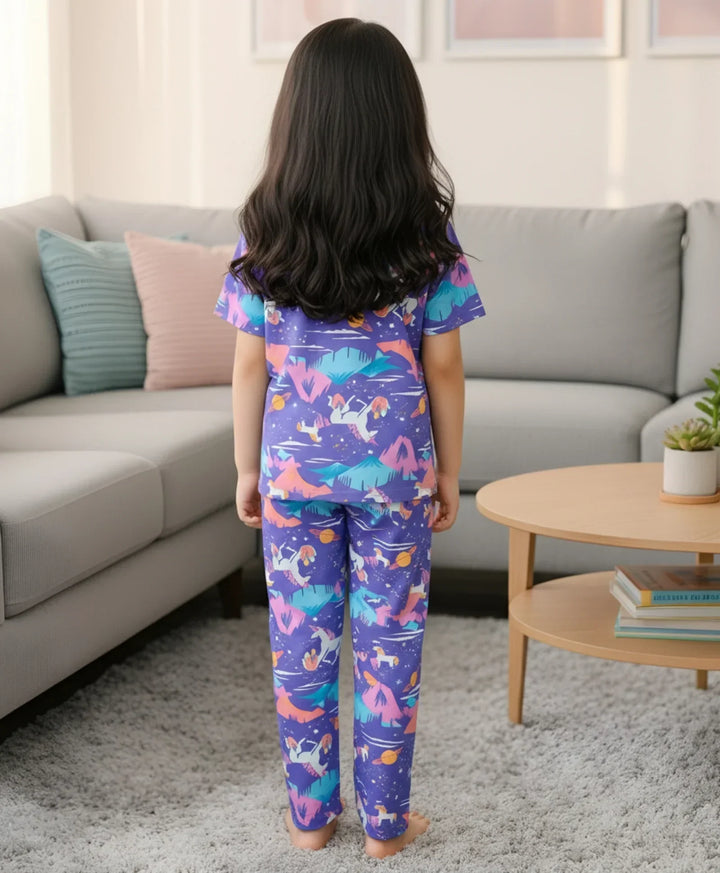 Unicorn Planet Short Sleeve Pyjama Set - Purple