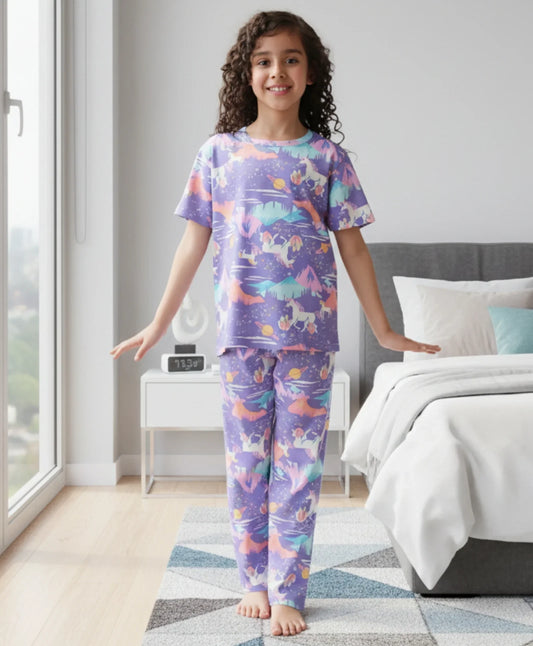 UNICORN PLANET SHORT SLEEVE PYJAMA SET - PURPLE