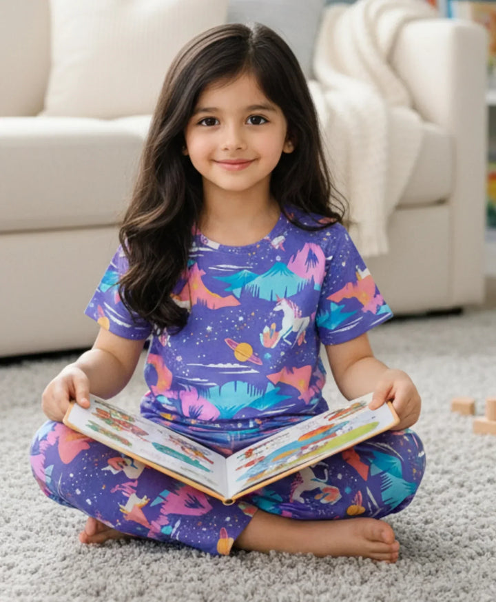 Unicorn Planet Short Sleeve Pyjama Set - Purple