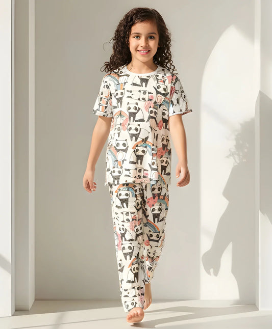 PANDA GIRLS SHORT SLEEVE PYJAMA SET - WHITE