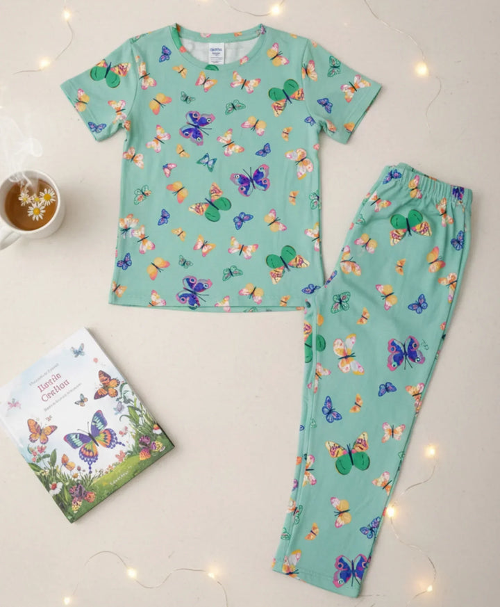 BUTTERFLY SHORT SLEEVE PYJAMA SET - GREEN - Anthrilo 