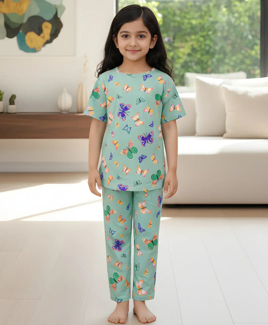 BUTTERFLY SHORT SLEEVE PYJAMA SET - GREEN - Anthrilo 