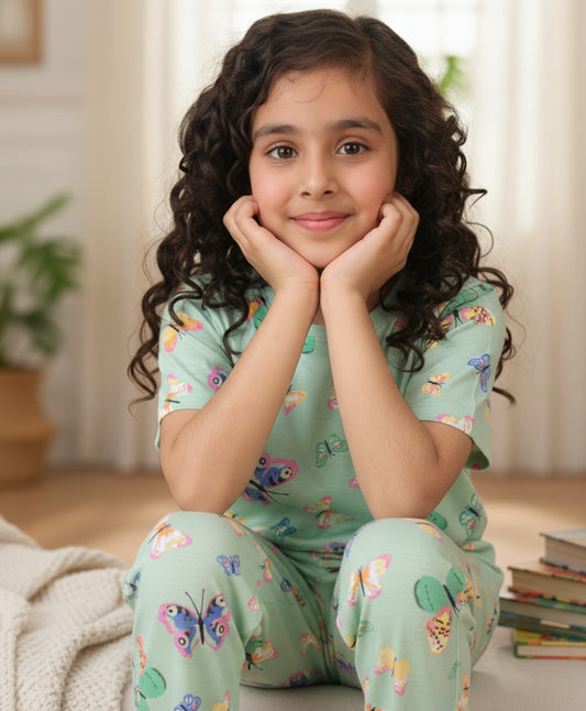 BUTTERFLY SHORT SLEEVE PYJAMA SET - GREEN