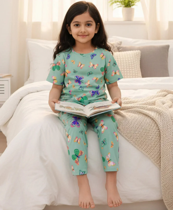BUTTERFLY SHORT SLEEVE PYJAMA SET - GREEN - Anthrilo 