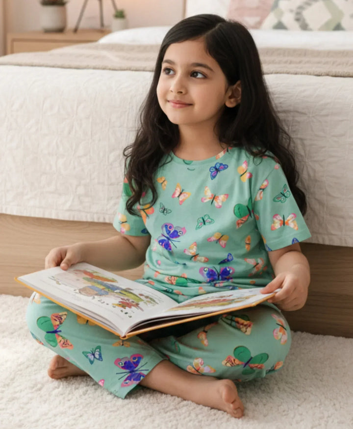 BUTTERFLY SHORT SLEEVE PYJAMA SET - GREEN - Anthrilo 