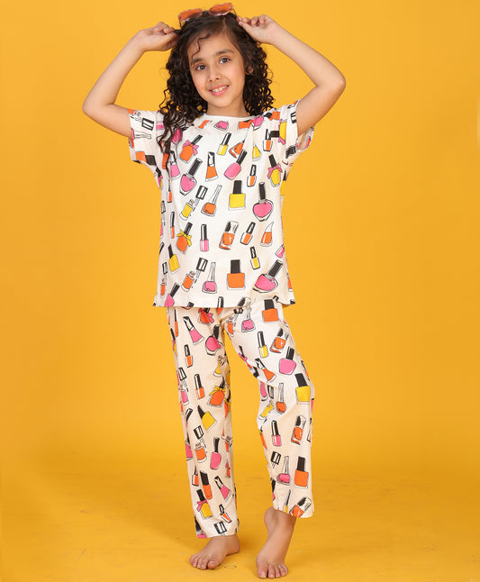 NAIL PAINT SHORT SLEEVE PYJAMA SET - WHITE