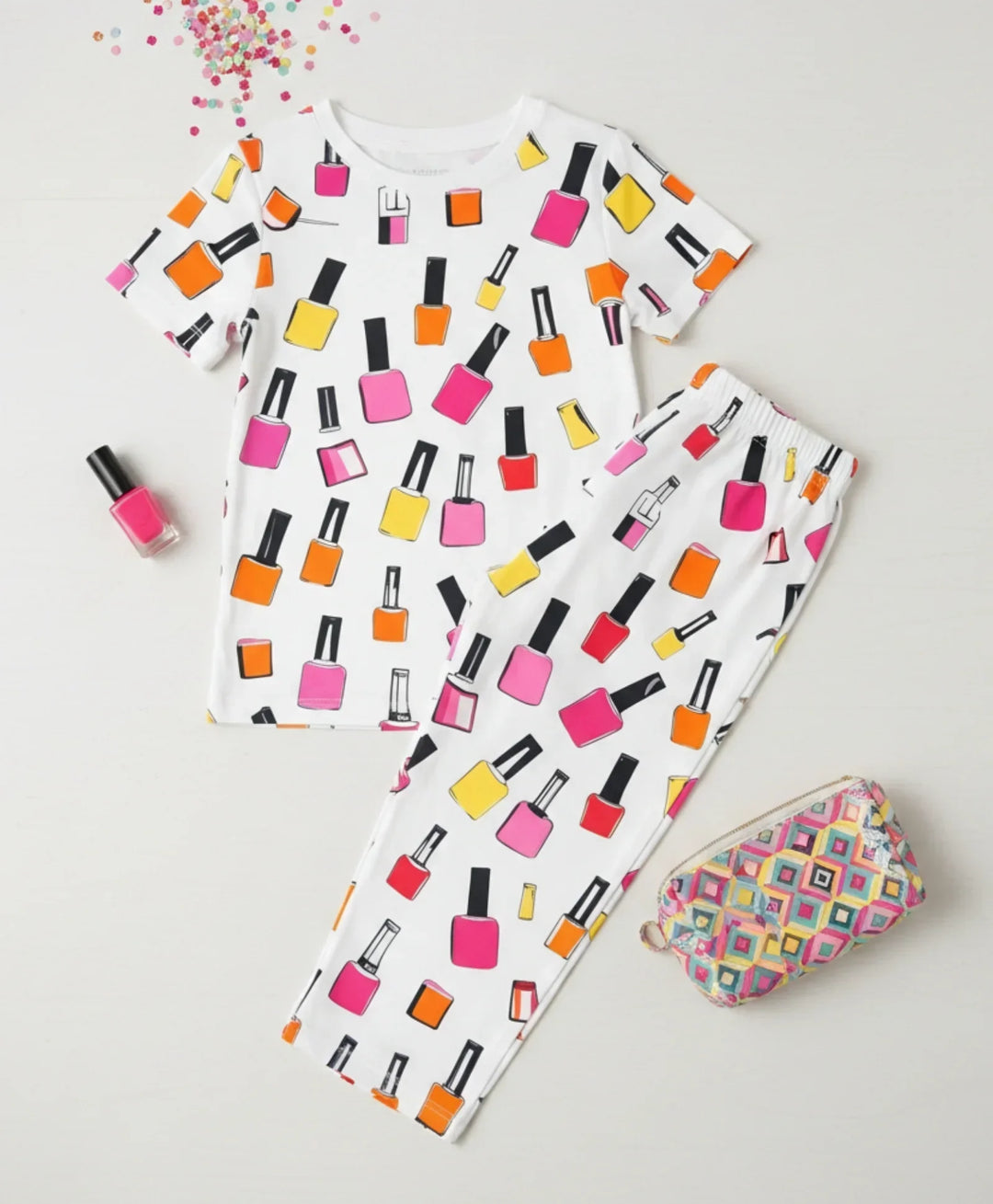 NAIL PAINT SHORT SLEEVE PYJAMA SET - WHITE - Anthrilo 