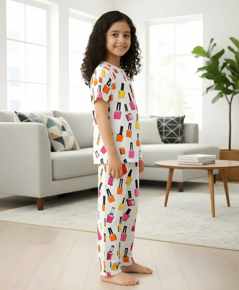 NAIL PAINT SHORT SLEEVE PYJAMA SET - WHITE - Anthrilo 
