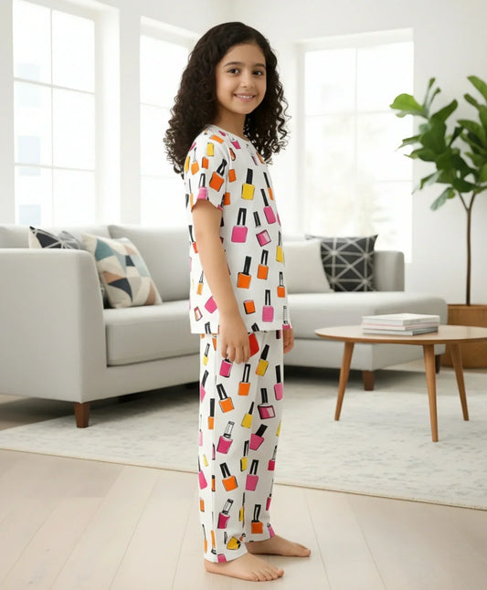 NAIL PAINT SHORT SLEEVE PYJAMA SET - WHITE - Anthrilo 