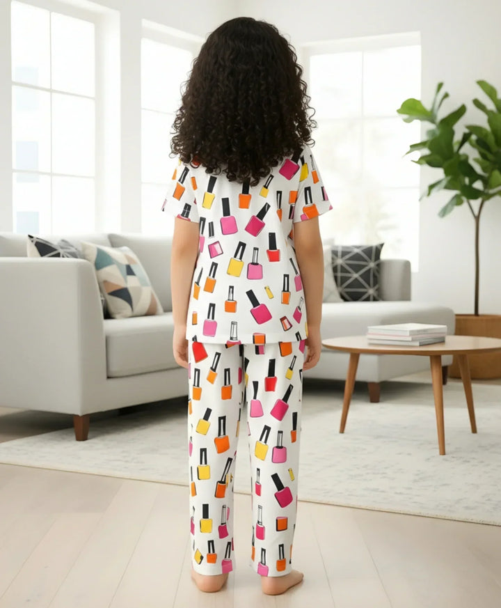 NAIL PAINT SHORT SLEEVE PYJAMA SET - WHITE - Anthrilo 
