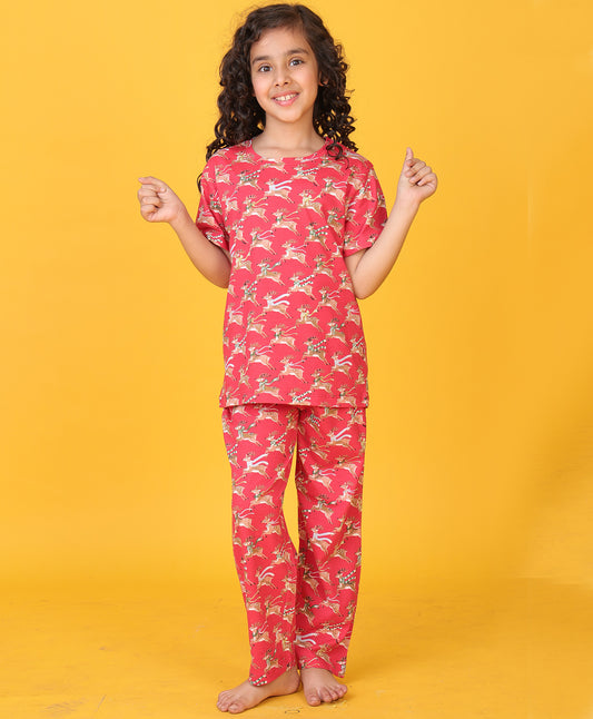 REINDEER SHORT SLEEVE GIRLS PYJAMA SET - RED