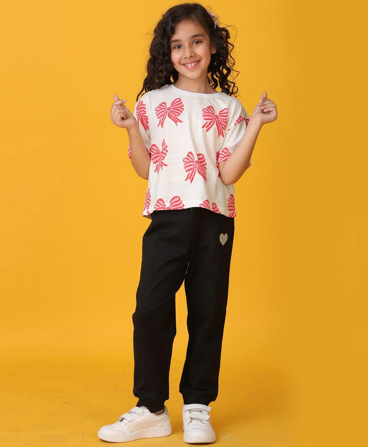 PINK BOW SUMMER BLACK HEART JOGGER SET - WHITE/BLACK - Anthrilo 