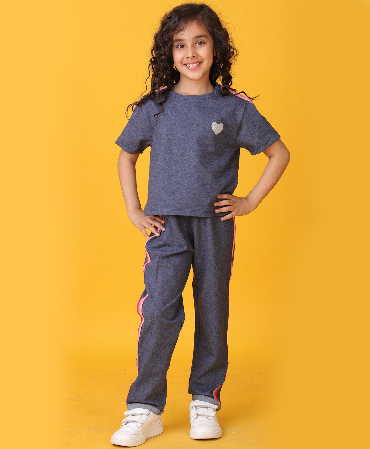 PINK GLITTER TAPE BLUE MELANGE JOGGER SET - BLUE