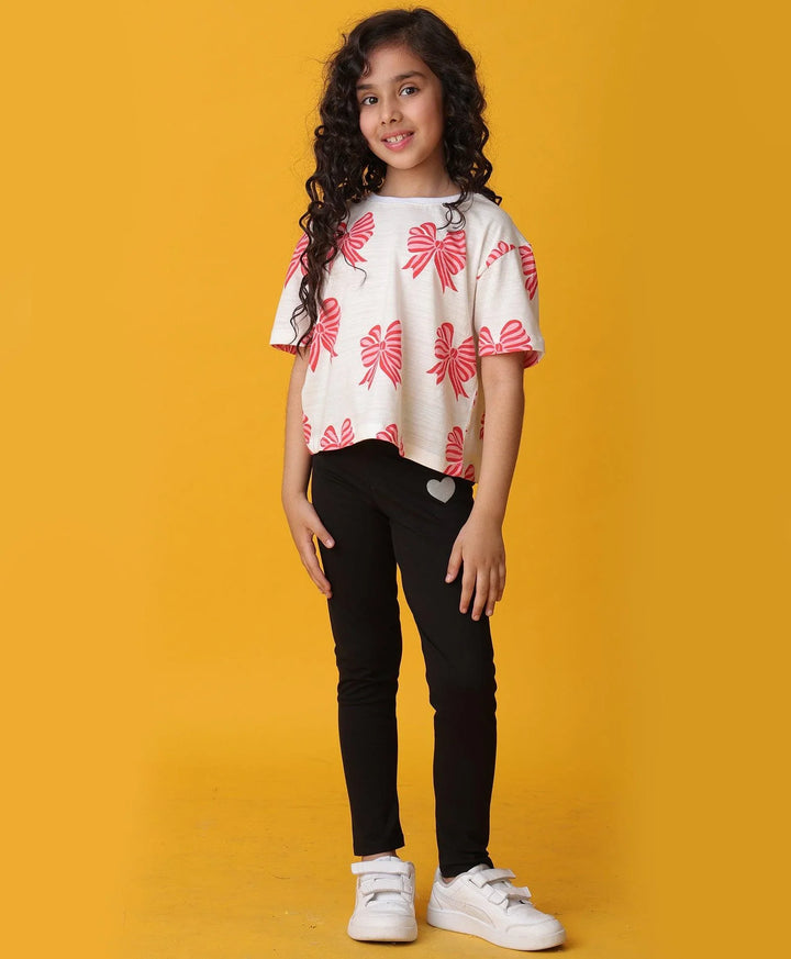 PINK BOW SUMMER BLACK LEGGINGS SET - WHITE/BLACK - Anthrilo 