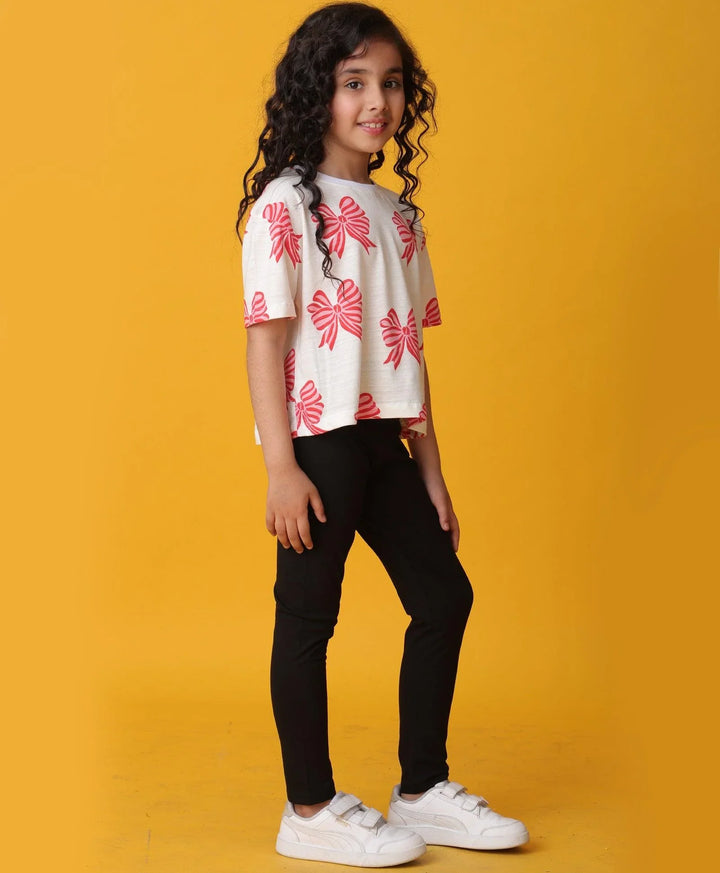 PINK BOW SUMMER BLACK LEGGINGS SET - WHITE/BLACK - Anthrilo 