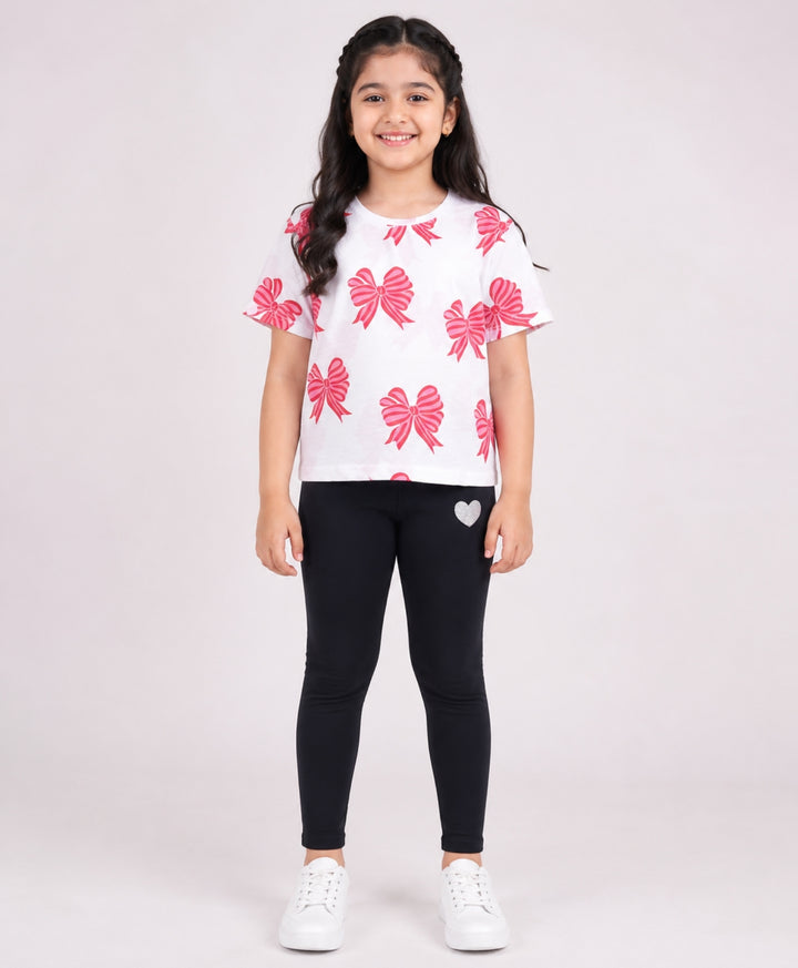 Pink Bow Summer Black Leggings Set - White/Black