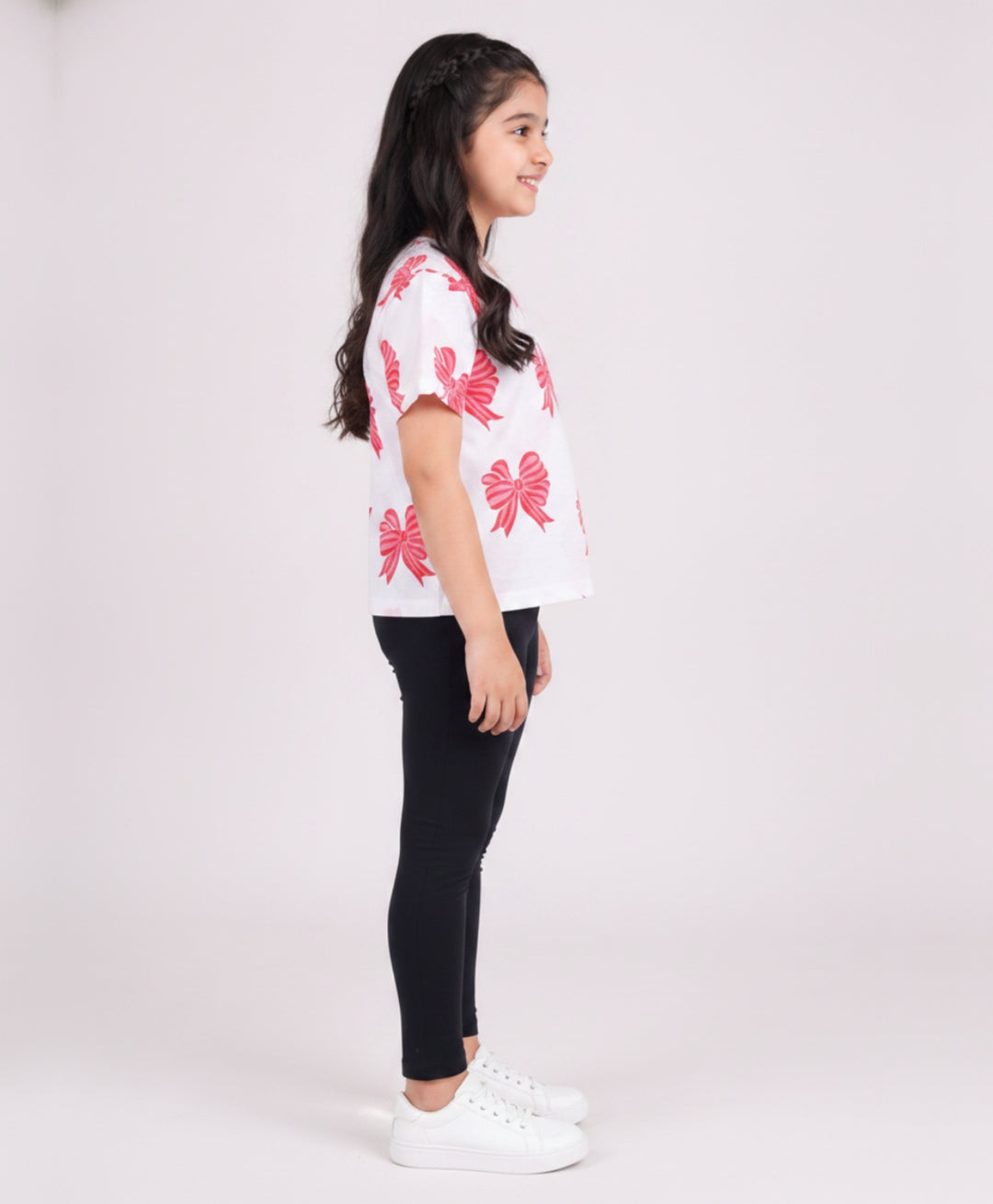 Pink Bow Summer Black Leggings Set - White/Black