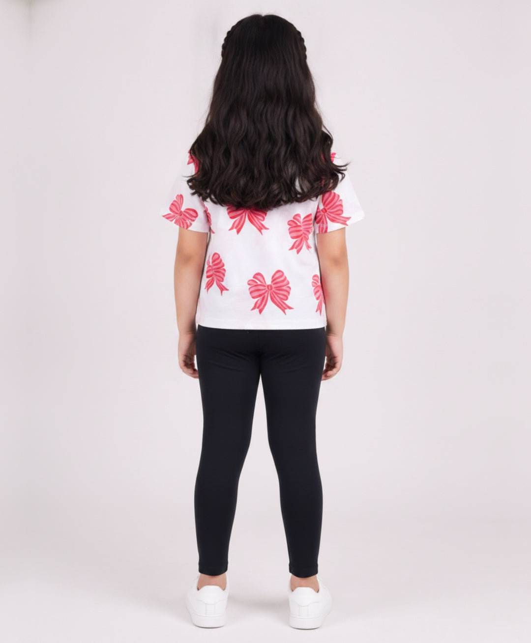 Pink Bow Summer Black Leggings Set - White/Black