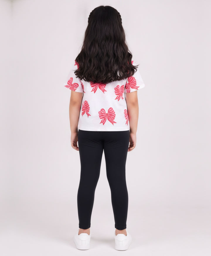 Pink Bow Summer Black Leggings Set - White/Black
