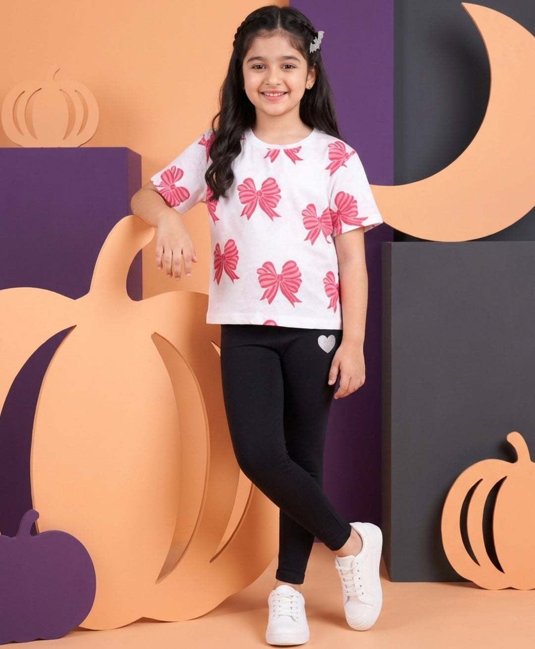 Pink Bow Summer Black Leggings Set - White/Black