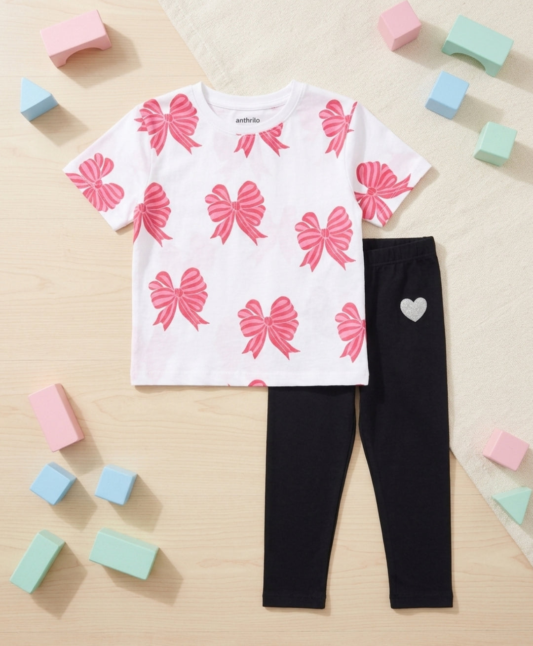 Pink Bow Summer Black Leggings Set - White/Black