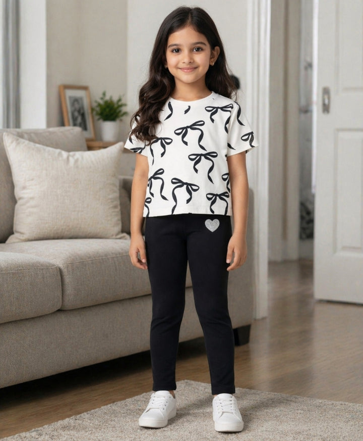 Pretty Black Bow Summer Black Leggings Set - White/Black