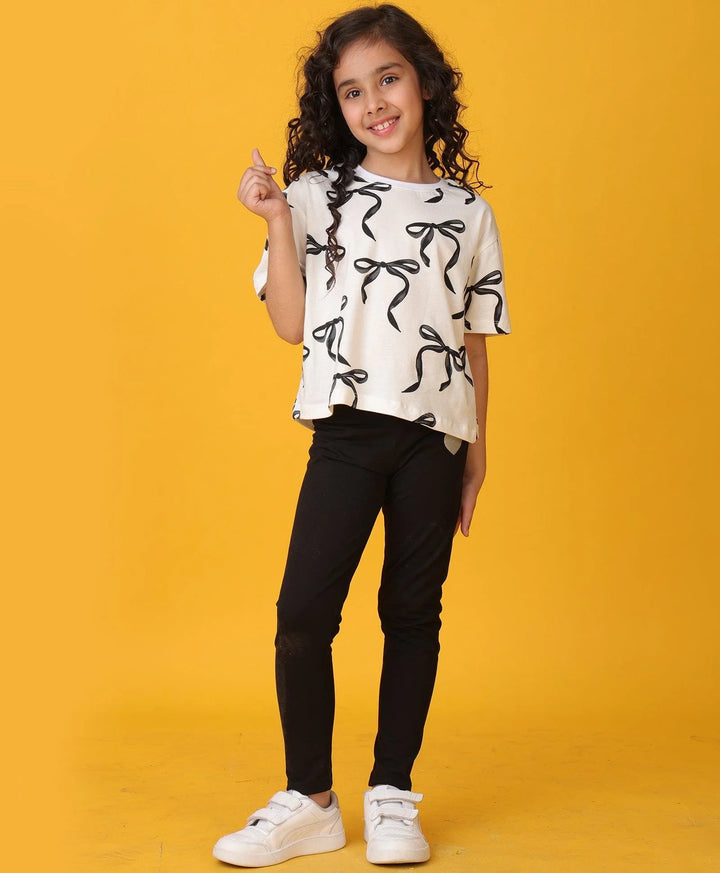 PRETTY BLACK BOW SUMMER BLACK LEGGINGS SET - WHITE/BLACK - Anthrilo 