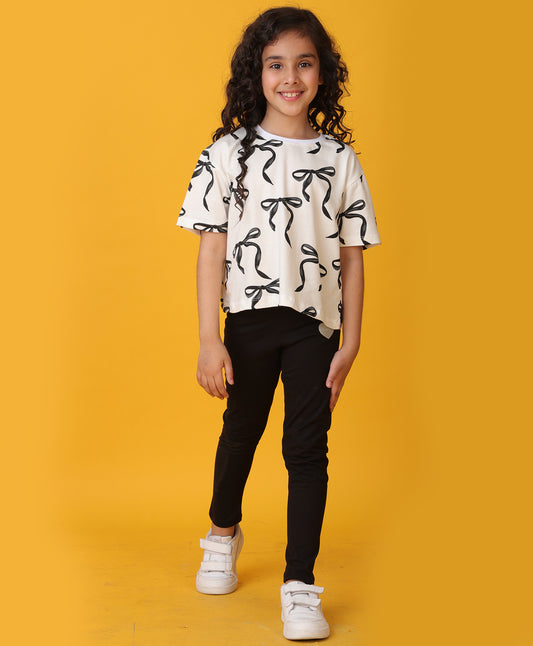 PRETTY BLACK BOW SUMMER BLACK LEGGINGS SET - WHITE/BLACK