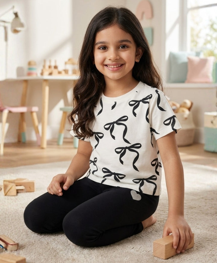 Pretty Black Bow Summer Black Leggings Set - White/Black