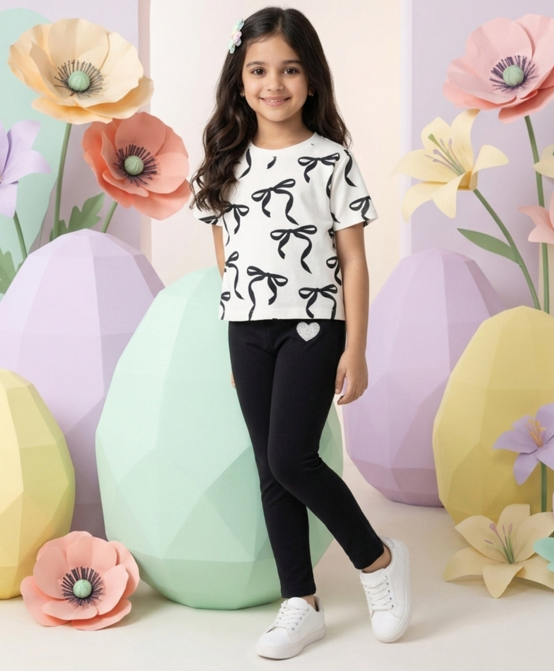 Pretty Black Bow Summer Black Leggings Set - White/Black