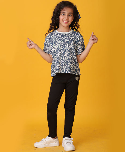 FLORAL T-SHIRT SUMMER BLACK LEGGINGS SET - BLACK