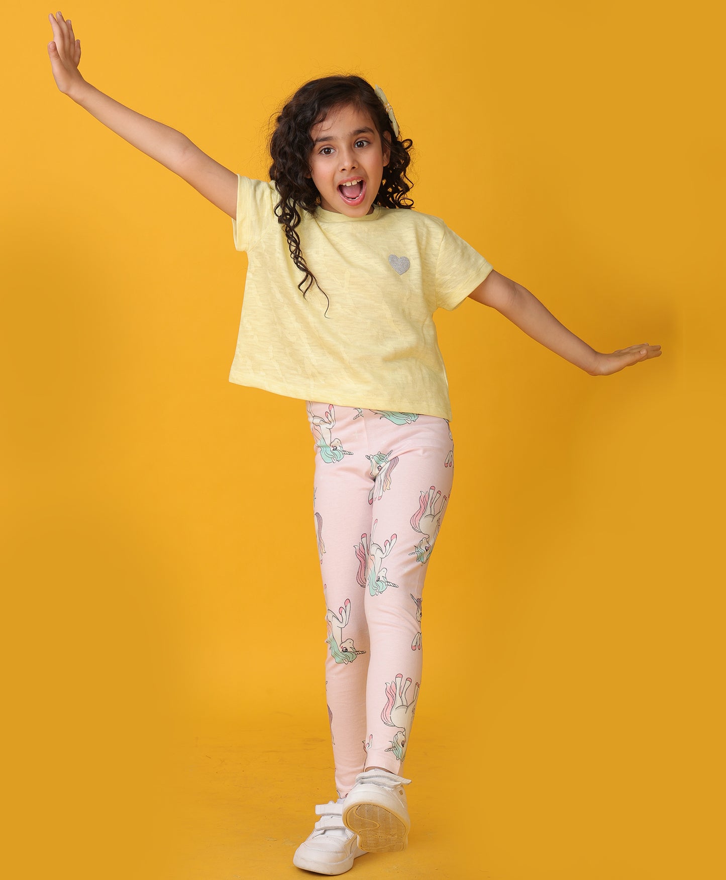 YELLOW JAQUARD UNICORN STAR LEGGINGS SET - YELLOW/PINK