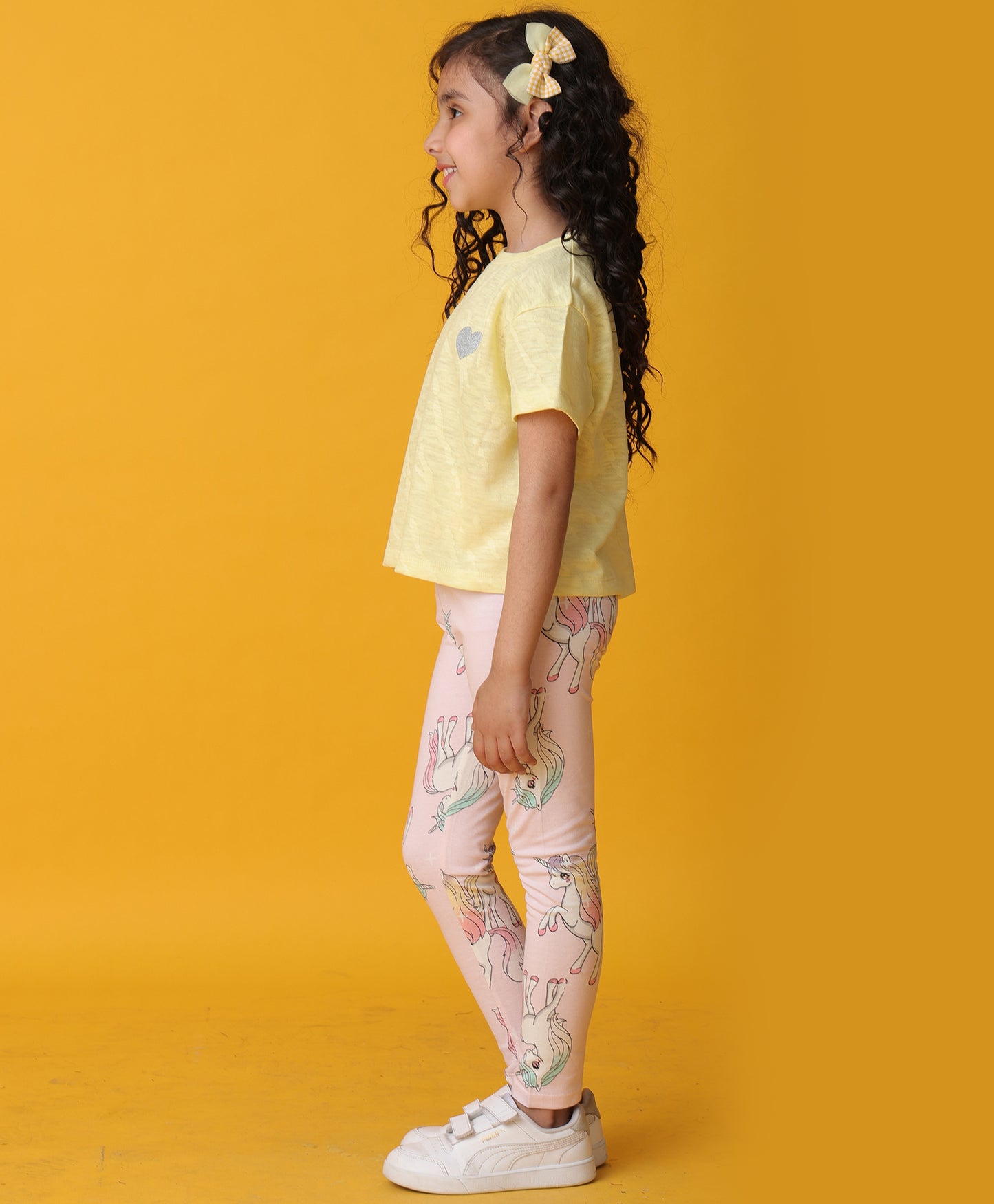 YELLOW JAQUARD UNICORN STAR LEGGINGS SET - YELLOW/PINK