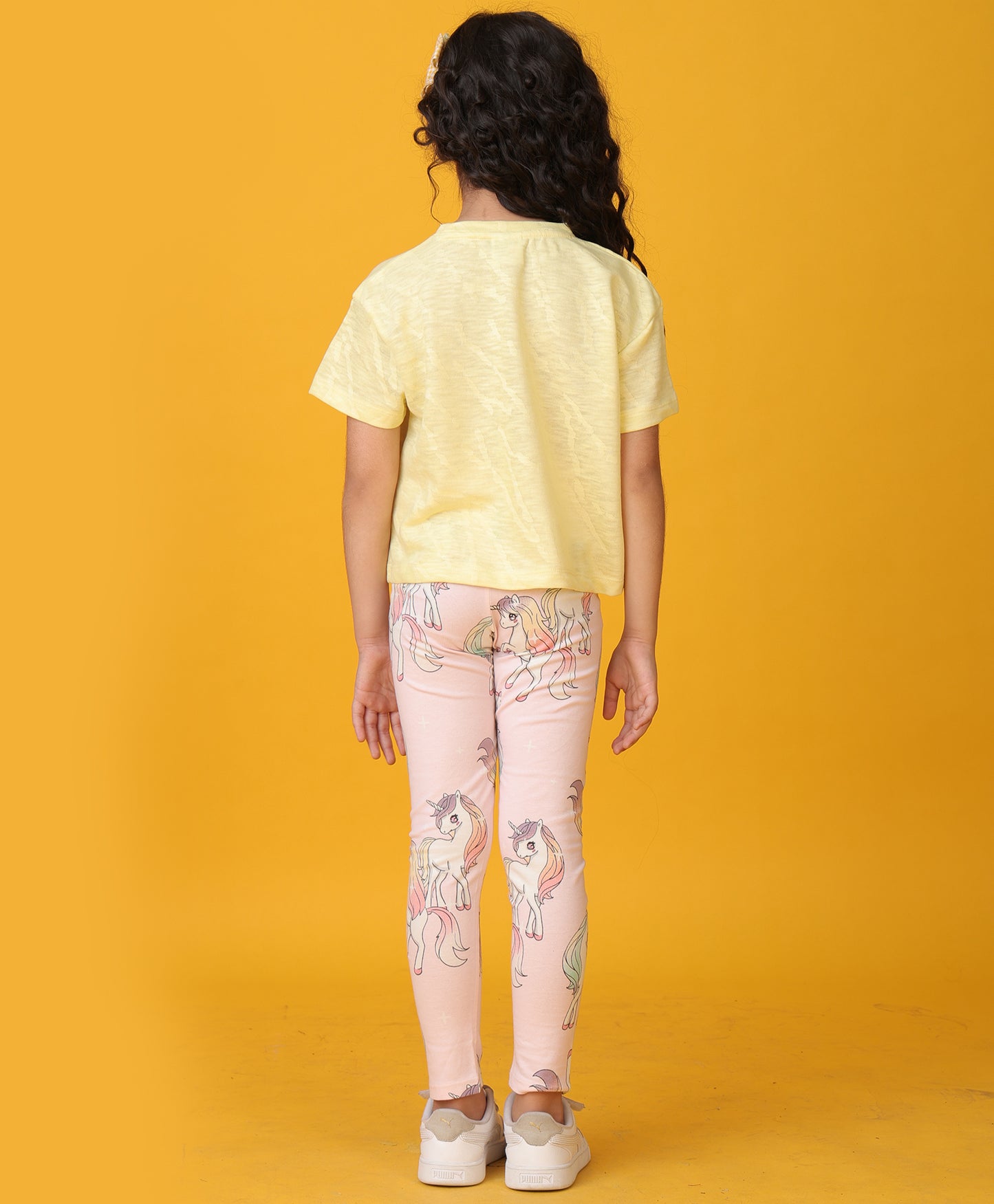 YELLOW JAQUARD UNICORN STAR LEGGINGS SET - YELLOW/PINK